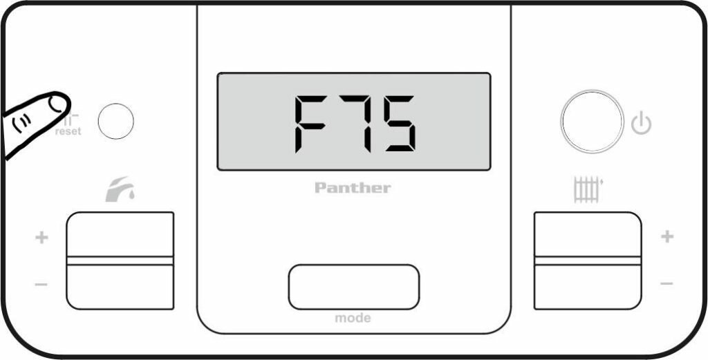 Нажмите кнопку сброса для устранения ошибки F75 на панели управления котлом Protherm